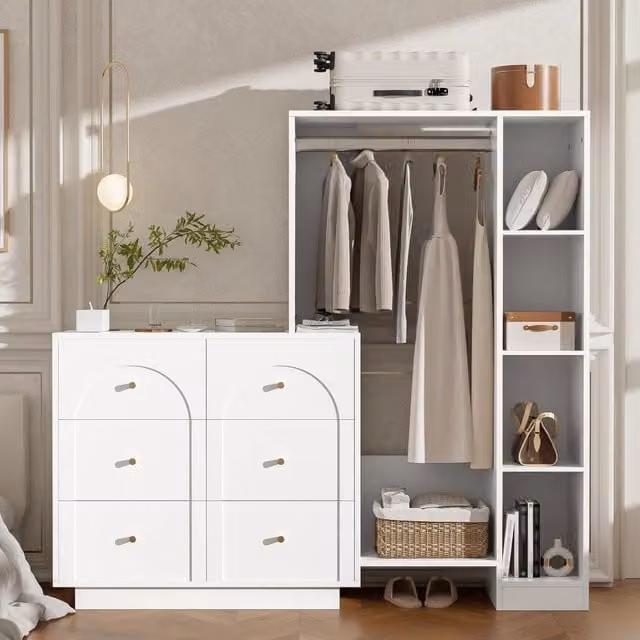 Armadio modulare aperto con barra appendiabiti, 6 cassetti e ripiani laterali per camera da letto, 139 × 35 × 133 cm