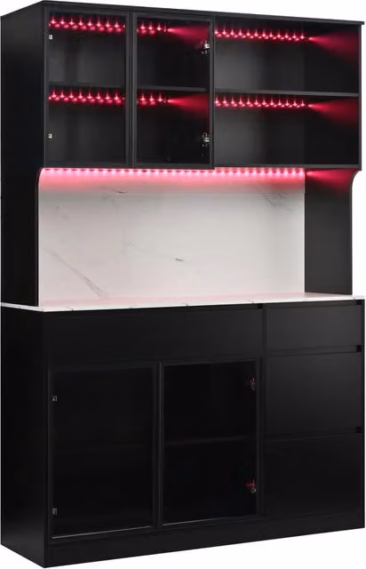 Armadio alto con elemento centrale effetto marmo, struttura MDF, LED integrati, bianco e nero, 120x40x180 cm