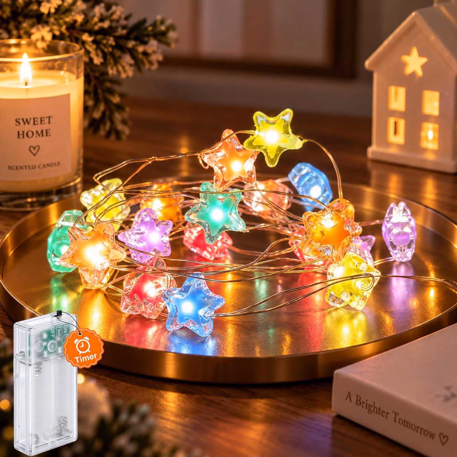 Catena luminosa a forma di stelle, 2 metri, 20 LED, con timer, alimentata a batteria, multicolore