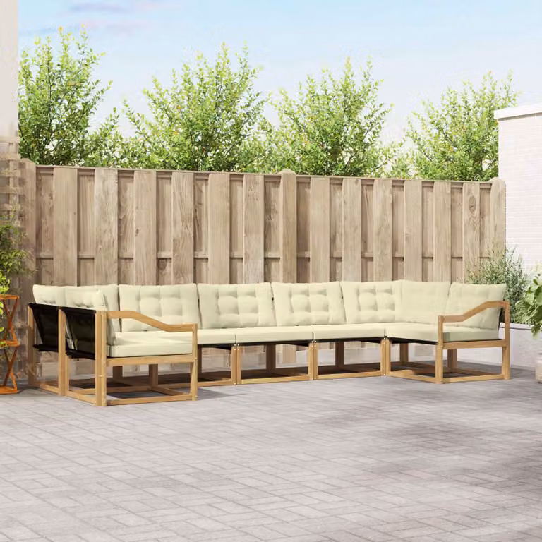 Set di divani da esterno vidaXL a forma di U composto da 7 pezzi in legno di acacia e tessuto textilene, colori bianco, beige e marrone