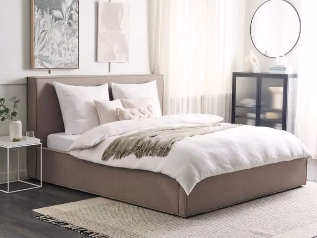 Letto King Size Beliani con Contenitore e Telaio a Doghe, Rivestimento in Tessuto Grigio Tortora, L/P: 180 x 200 cm – 1