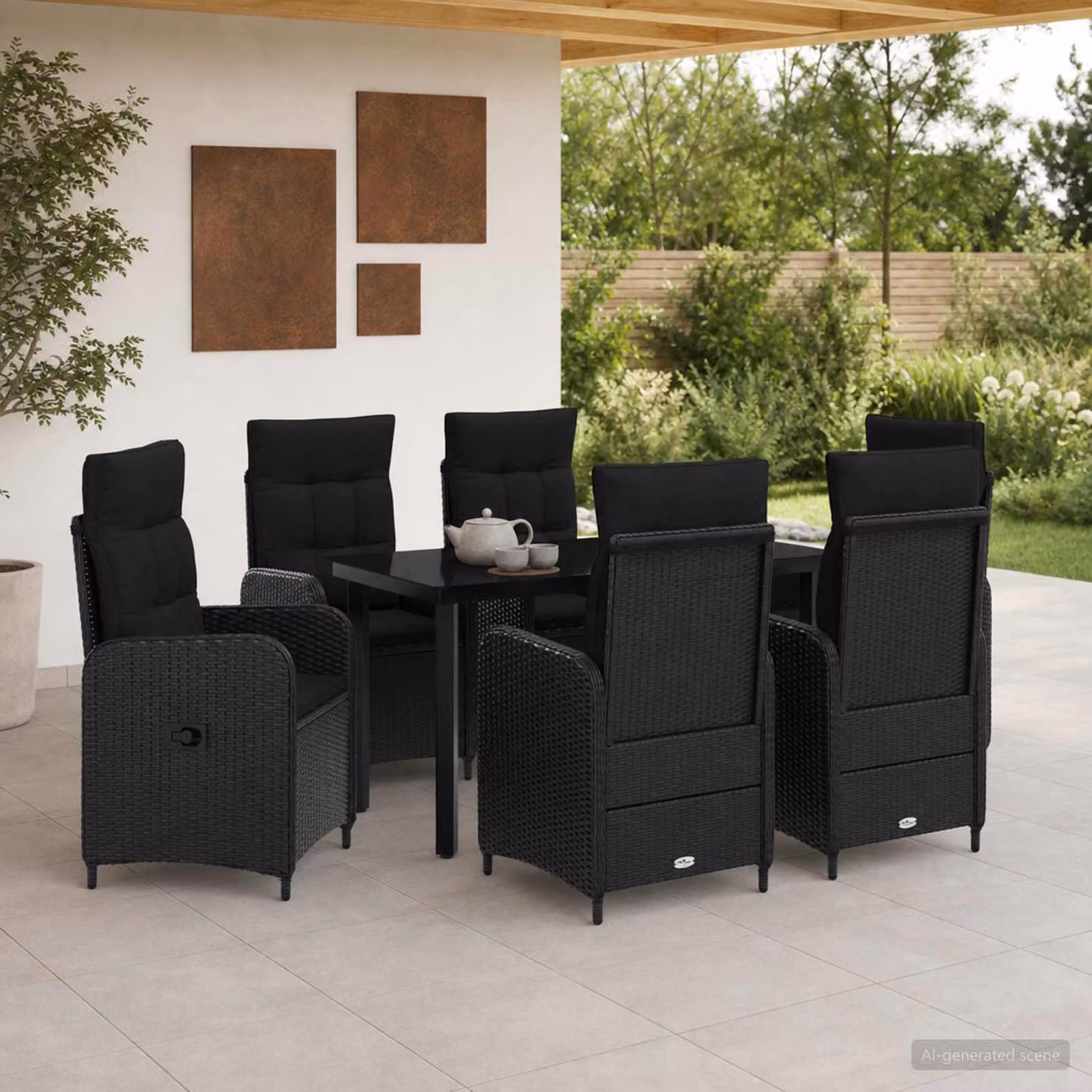 Set da pranzo per giardino e terrazzo vidaXL in polyrattan nero, 7 pezzi