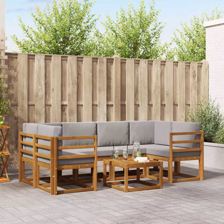 vidaXL Set di divani da esterno a L in legno di acacia con cuscini, 7 pezzi, Grigio e Marrone