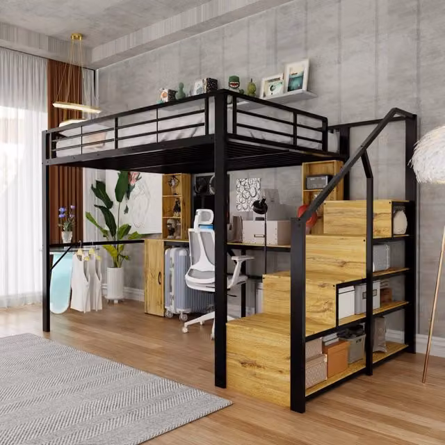 Letto a soppalco ¨C Minimal ¨C metallo nero 140x200 cm con scrivania armadio ripiani scala con vani portaoggetti porta USB