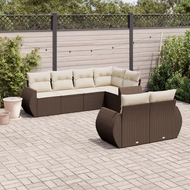 Set di divani da giardino vidaXL a forma di L composto da 7 pezzi in polyrattan marrone con cuscini bianchi inclusi