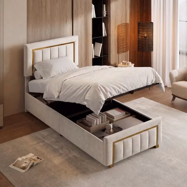Letto Singolo Imbottito 90x200 cm; Contenitore Idraulico; Testiera in Velluto; Struttura Letto per Bambini; Rete a Doghe di Legno; Senza Materasso