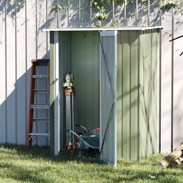 Casetta da giardino in acciaio verde con porta; 142 x 84 x 189 cm