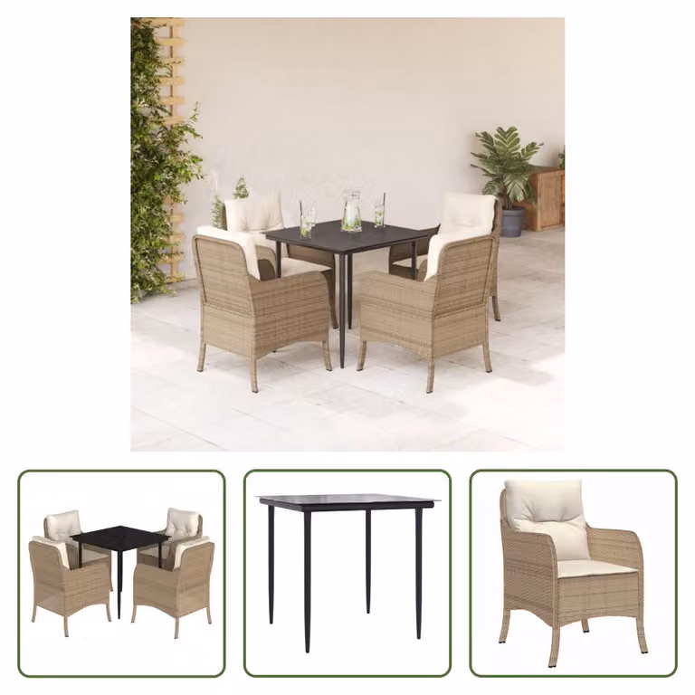 The Living Store Set da pranzo da giardino 5 pezzi con cuscini Beige poly rattan