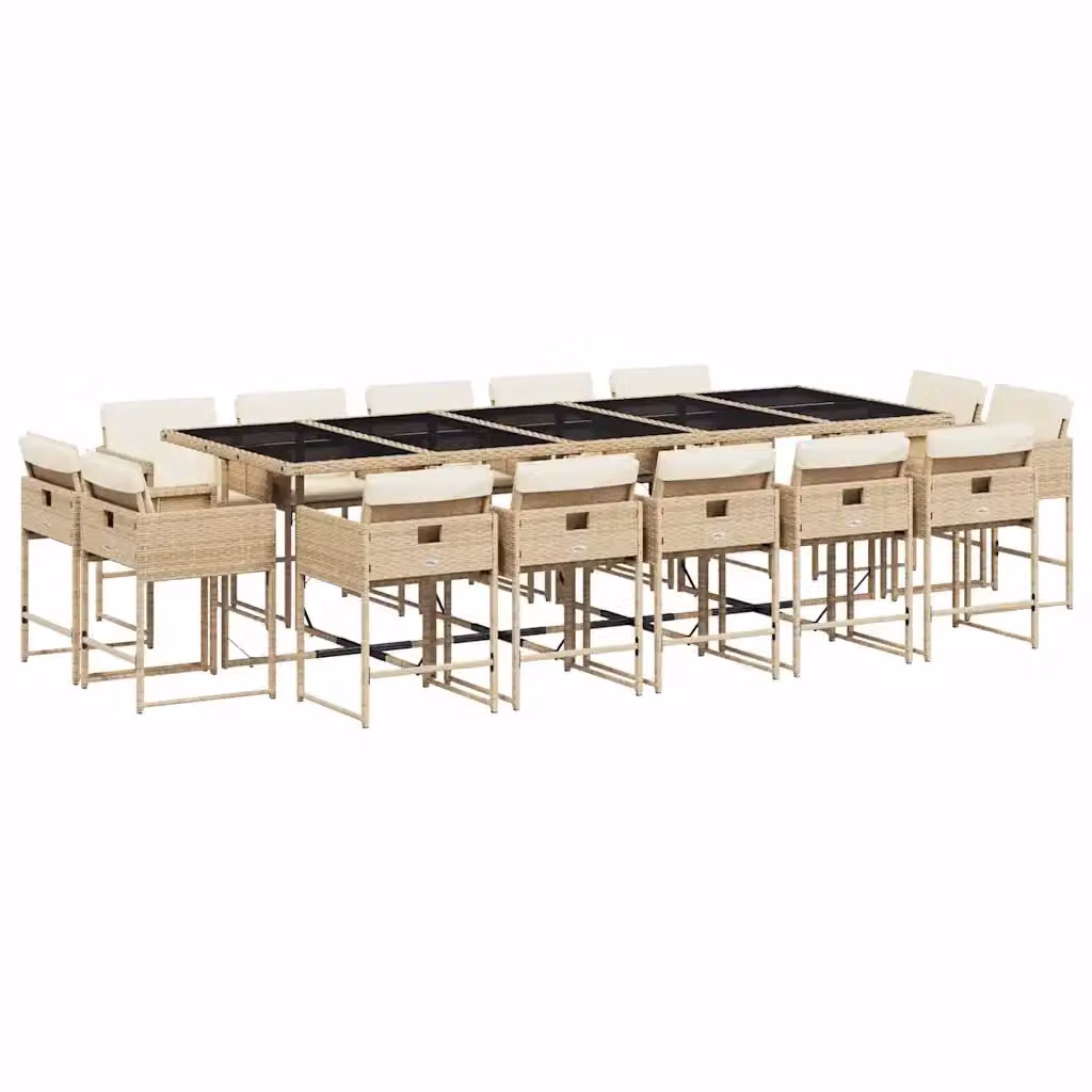 vidaXL Set da Pranzo da Giardino 15 pz in Polyrattan con Cuscini Beige e Bianco e Piano in Vetro – 2