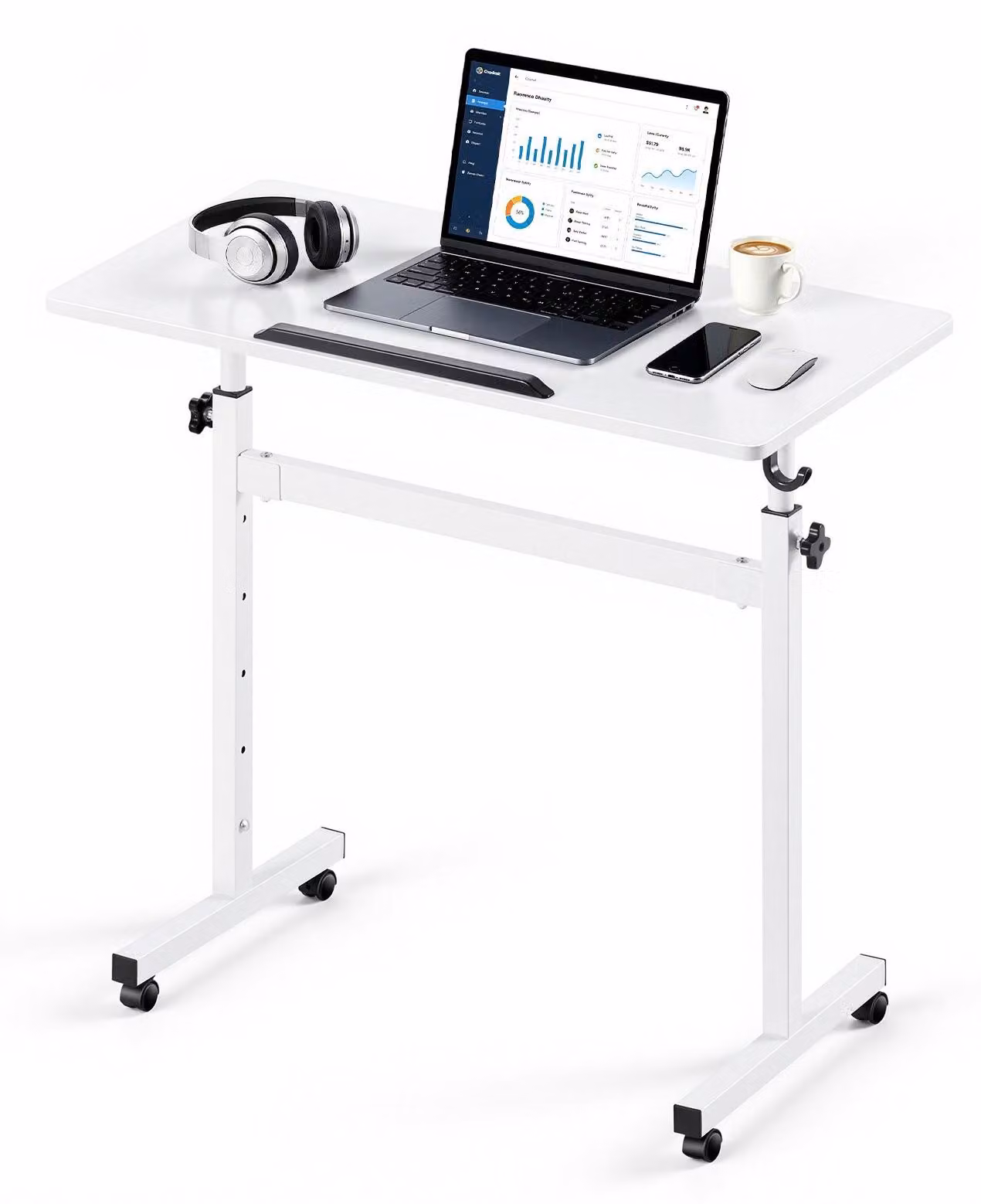 Scrivania regolabile in altezza - Tavolo mobile per computer, da utilizzare in piedi o seduti - Piano del tavolo: 81 x 41 cm - Capacità di carico: 25 kg - Inclinazione a 360° - Con ruote e ganci - Ideale per l'ufficio domestico