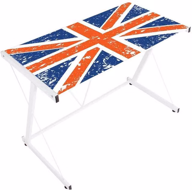 Scrivania Bizzotto in vetro temperato opaco con design bandiera inglese, ideale per ufficio o cameretta, colori bianco e blu