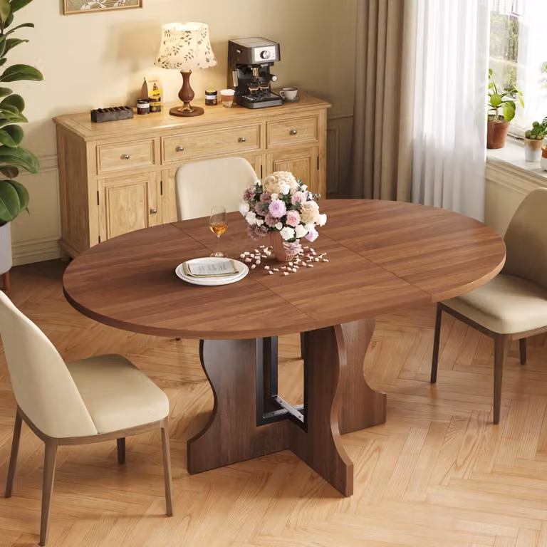 Tavolo da pranzo rotondo allungabile, diametro 110-150 cm, forma ovale, per 4-8 persone, con struttura in metallo e piano in legno effetto noce