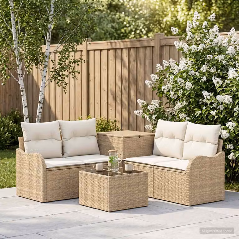 Set di divani da giardino vidaXL 6 pezzi in stile moderno beige e bianco crema con struttura in metallo e cuscini inclusi