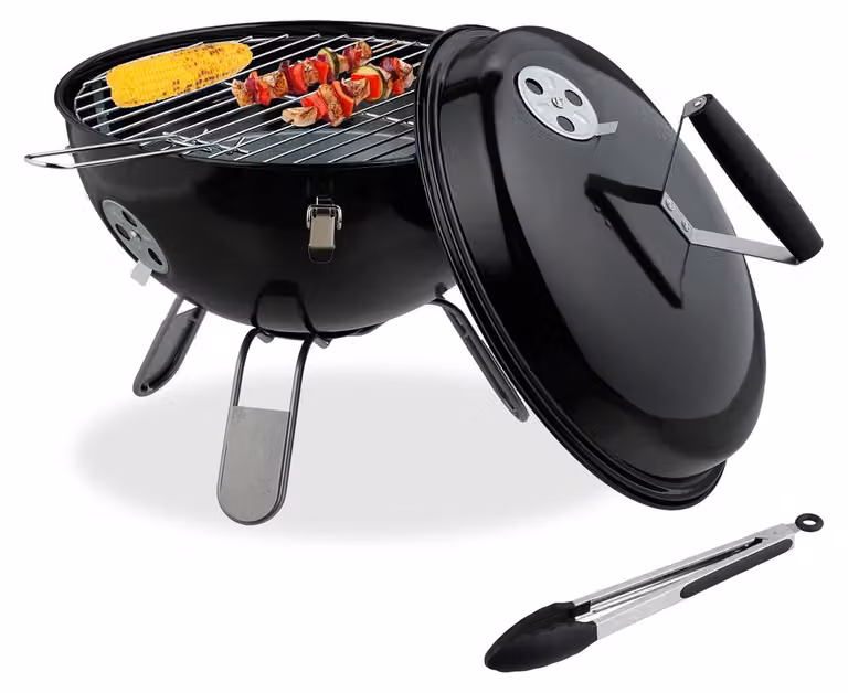 Barbecue a carbone - Portatile - Ø 34 cm - Acciaio - Nero - Per giardino, balcone e campeggio