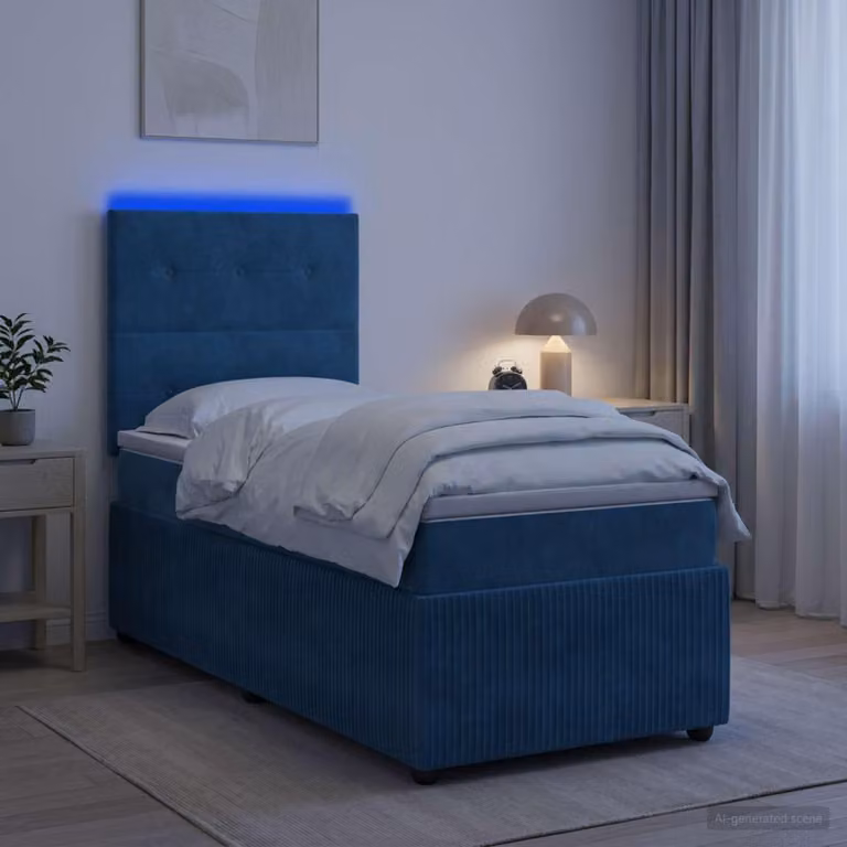 Letto a molle insacchettate con box e materasso, colore blu, in velluto, dimensioni 90 x 190 cm