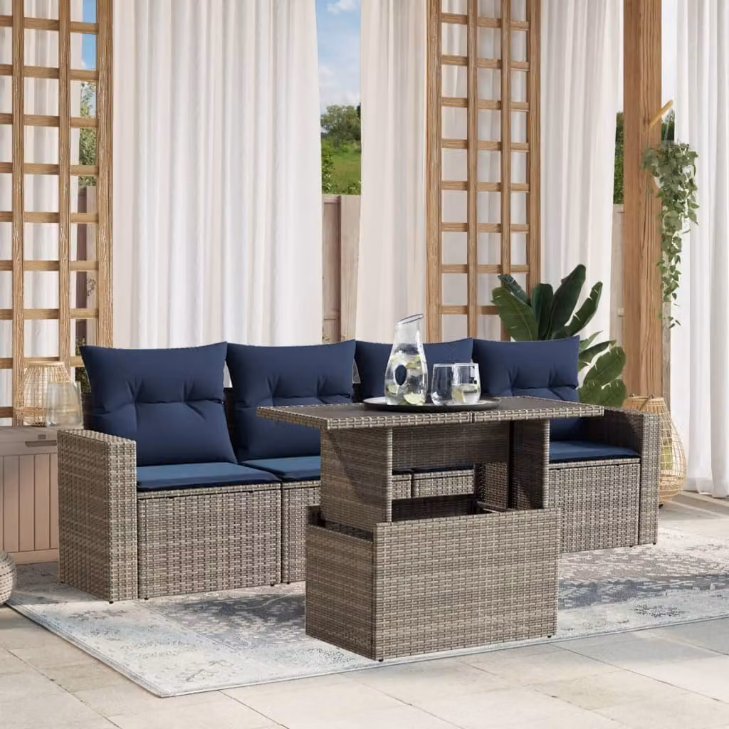 Set Divani da Giardino vidaXL 5 Pezzi a Forma di L con Cuscini Grigio e Blu in Polyrattan e Acciaio