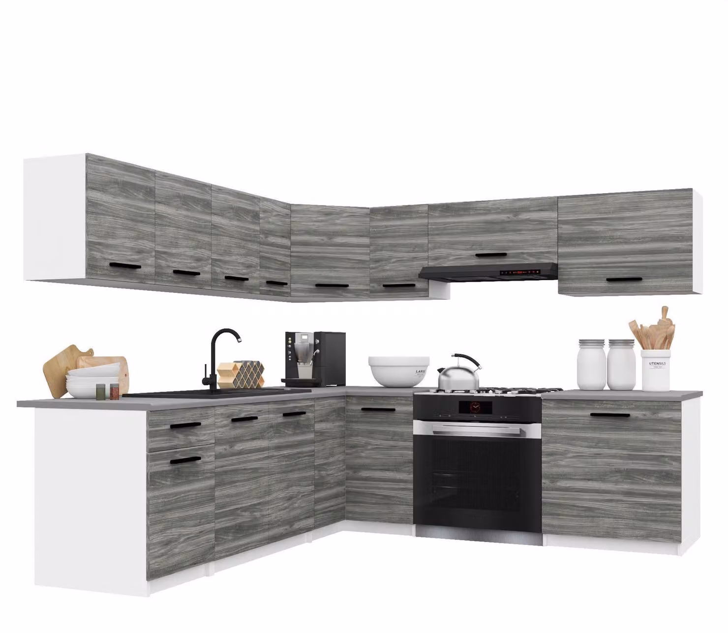 Belini - Angolo cottura moderno ITALIA 7 - Mobili da cucina 420 cm Grigio Glamour - Cucina componibile con pensili, mobili base e piani di lavoro
