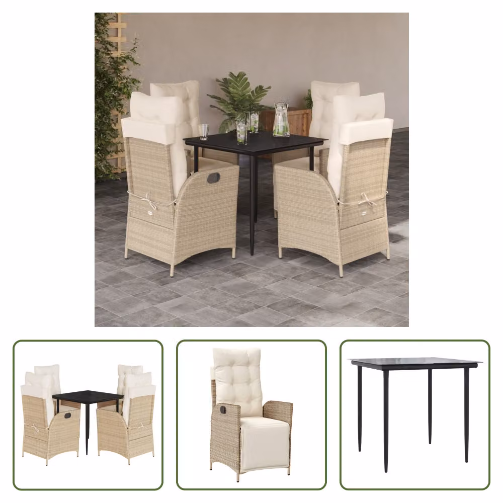 The Living Store Set da pranzo da giardino 5 pezzi con cuscini Beige poly rattan