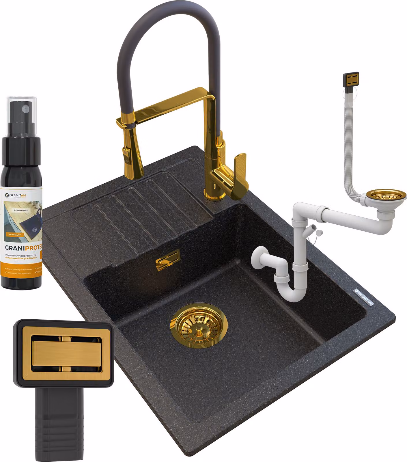 Granitan - Lavello in granito - Lavello da cucina - 62x44x18 cm - Nero - con rubinetteria VEGAS GOLD e sifone dorato