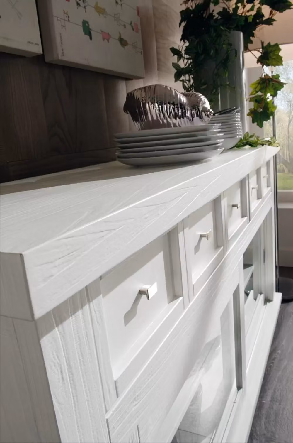 Madia credenza Mobili 2G in legno massello con 2 ante scorrevoli e vetro, bianco opaco, L: 160 cm, P: 45 cm, H: 86 cm – 3