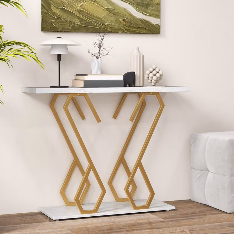 Tavolo consolle Costway effetto marmo bianco con struttura in metallo e piedini regolabili L 100 cm x P 30 cm x H 79 cm