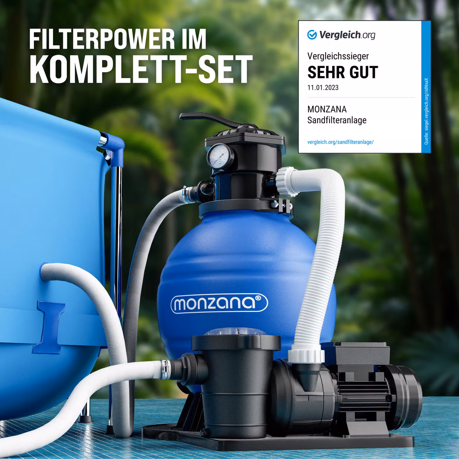 Pompa filtro a sabbia Monzana per piscine con portata di 15900 l/h, blu e nera, attacco 1 1/2" – 2