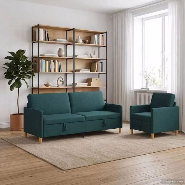Set di divani vidaXL moderno con contenitore, composto da un divano a 3 posti e un divano a 2 posti, colore verde e marrone, con seduta sollevabile e rivestimento in tessuto rimovibile – 1
