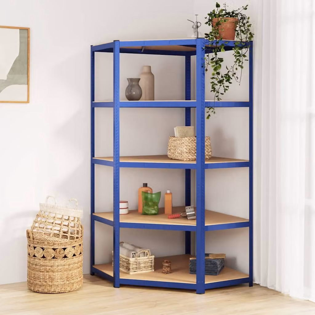 vidaXL Mensola Angolare Industriale a 5 Strati in Acciaio e Legno, Blu Opaco, H 180 x L 90 x P 90 cm