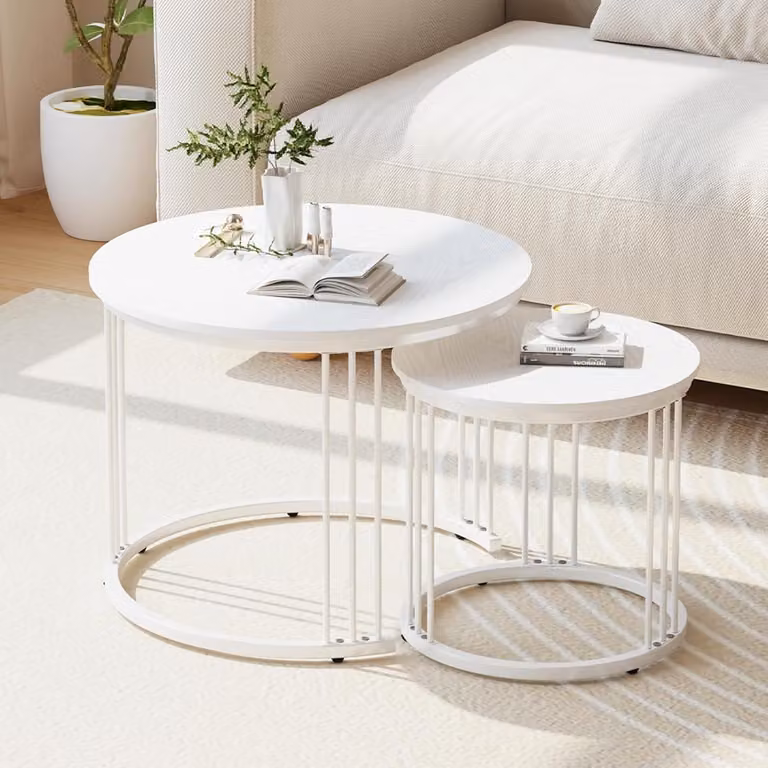 Tavolino rotondo, set da 2, tavolino da soggiorno, legno, bianco
