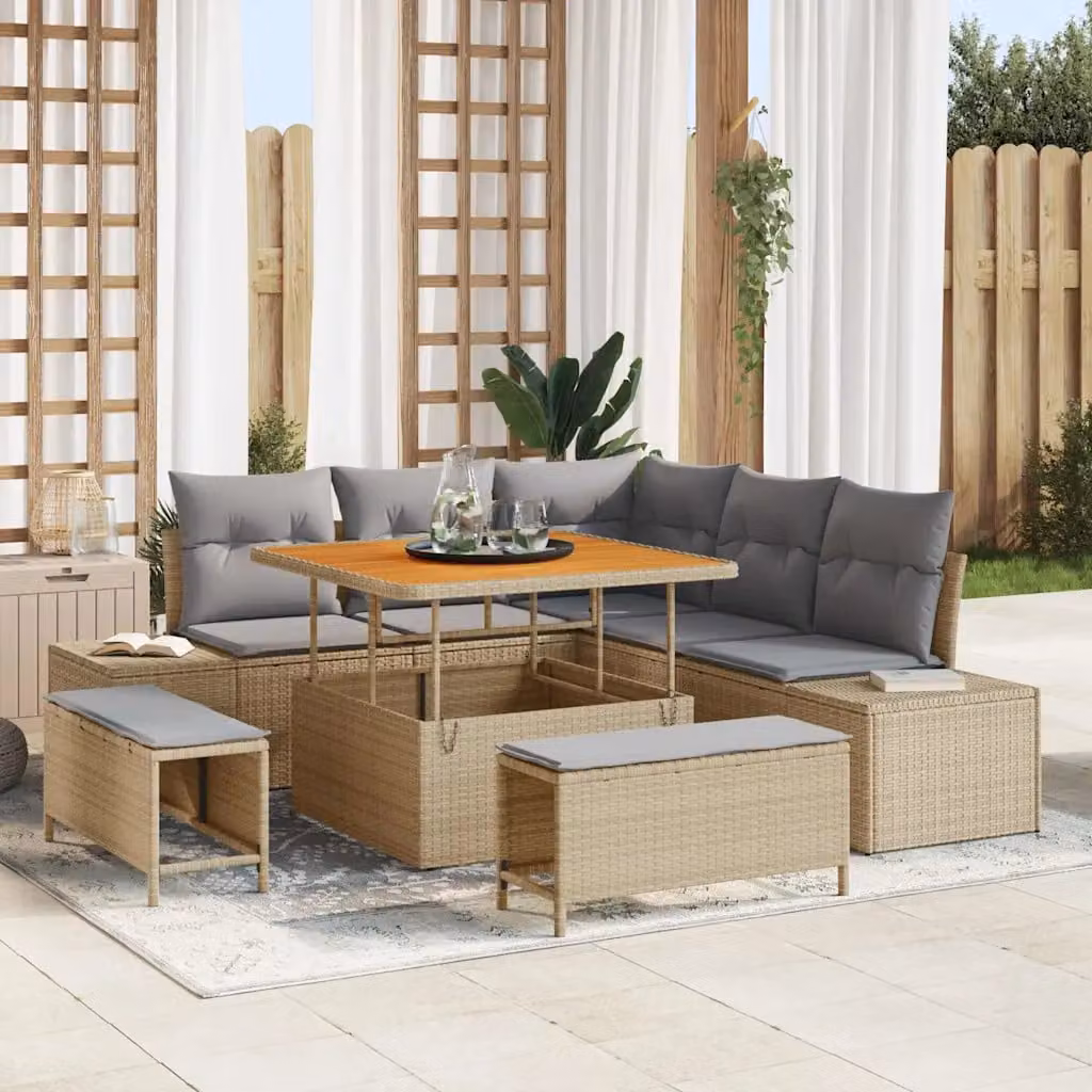 Set Divano da Giardino vidaXL 8 Pezzi Beige con Cuscini e Tavolino in Polyrattan e Acciaio – 1