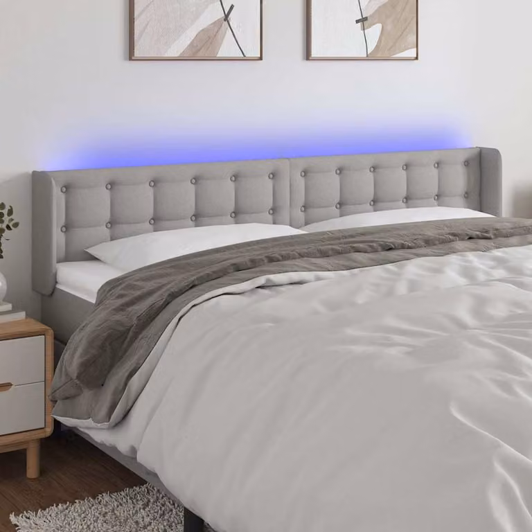 Testiera con LED e porta USB vidaXL in tessuto grigio chiaro, L: 203 cm, P: 16 cm, H: 78-88 cm