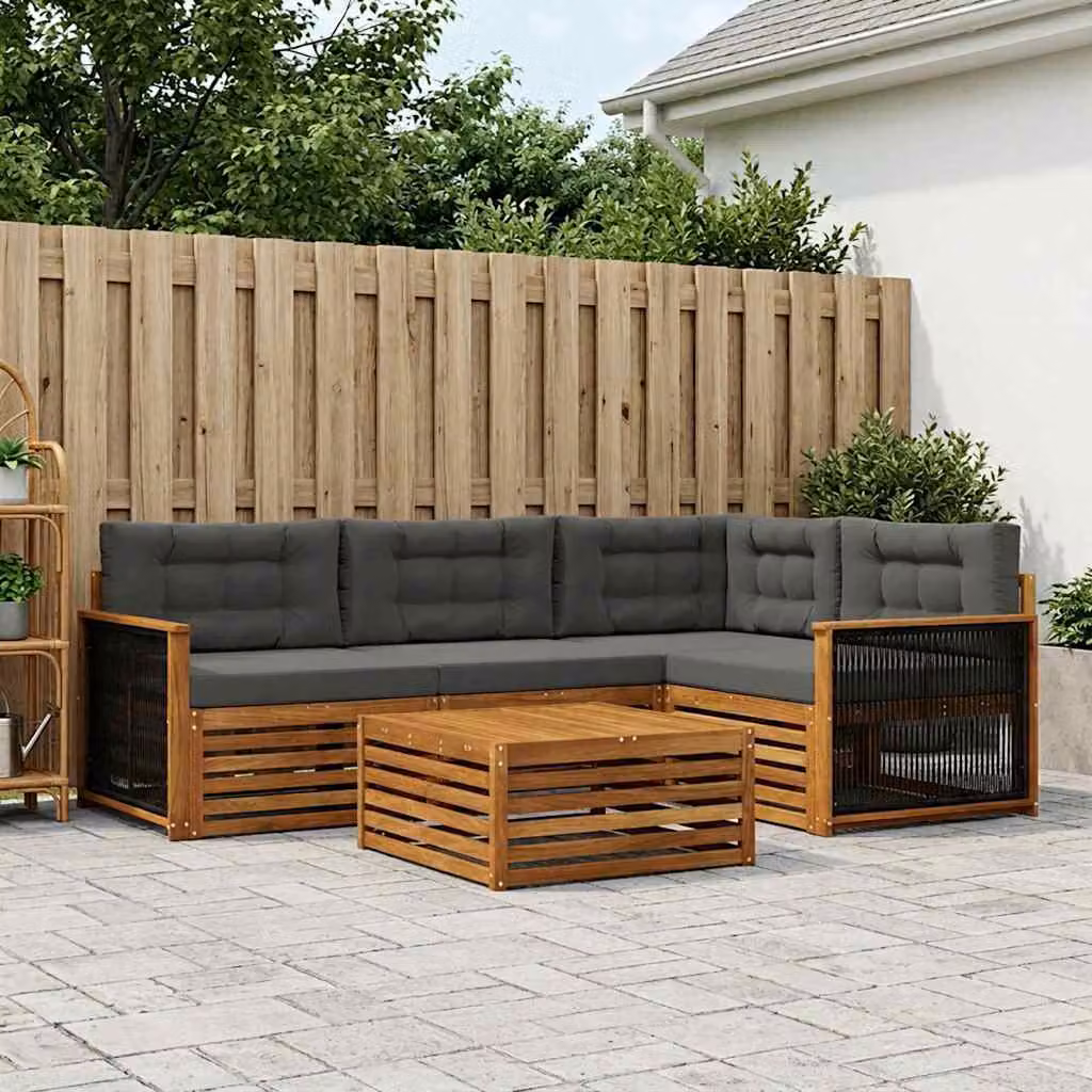 Set di divani da esterno vidaXL 5 pezzi in legno di acacia con tavolo da caffè, composizione a L con cuscini inclusi, colori beige e antracite