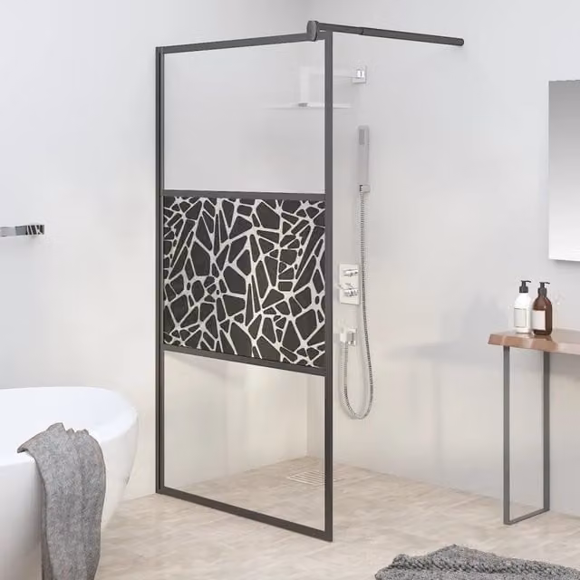 Parete Doccia Walk In vidaXL con Vetro Decorato Design Pietre, Colore Nero, L: 100 cm, H: 195 cm – 1