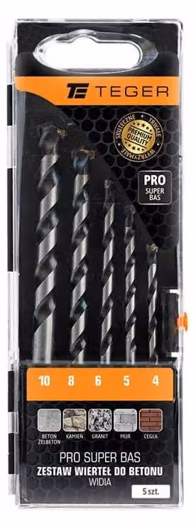Set di punte da trapano per calcestruzzo Teger PRO SUPER BAS, con inserti in Widia, composto da 5 pezzi