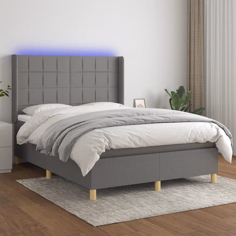 The Living Store Letto a molle con materasso e LED in tessuto grigio scuro 140x200 cm