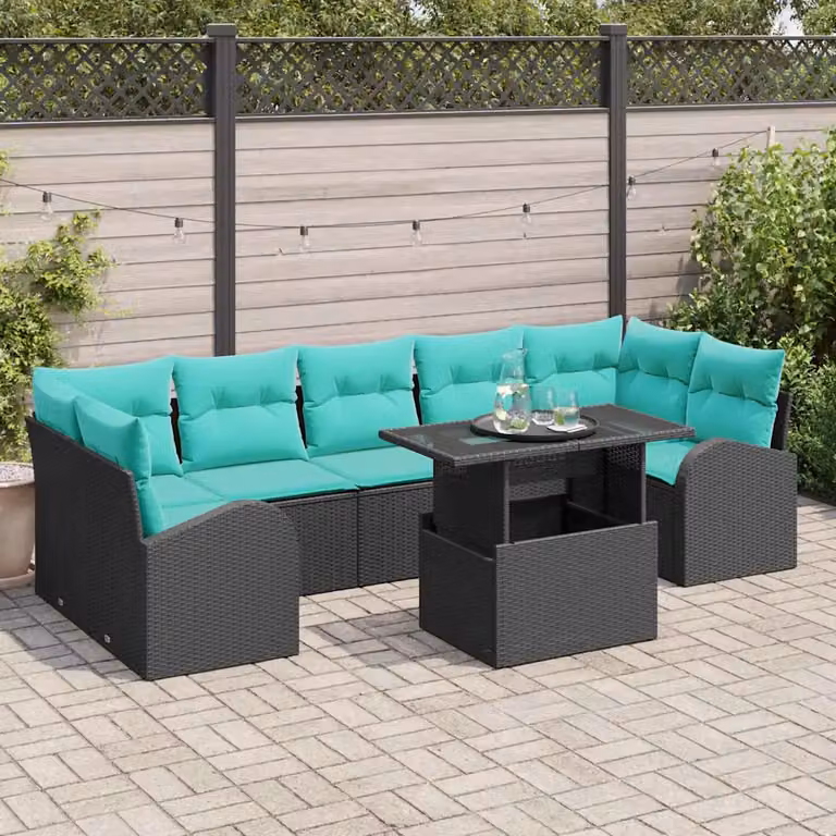 vidaXL Set Divano da Giardino Moderno a Forma di U 8 Pezzi con Tavolino e Cuscini, Colore Nero e Turchese
