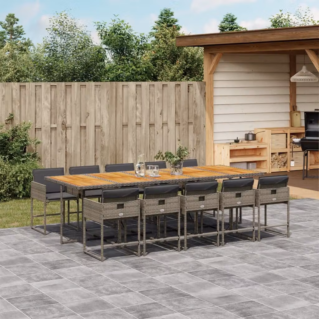 Set da pranzo da giardino vidaXL in polyrattan e legno di acacia con 11 pezzi e cuscini, colore grigio e marrone