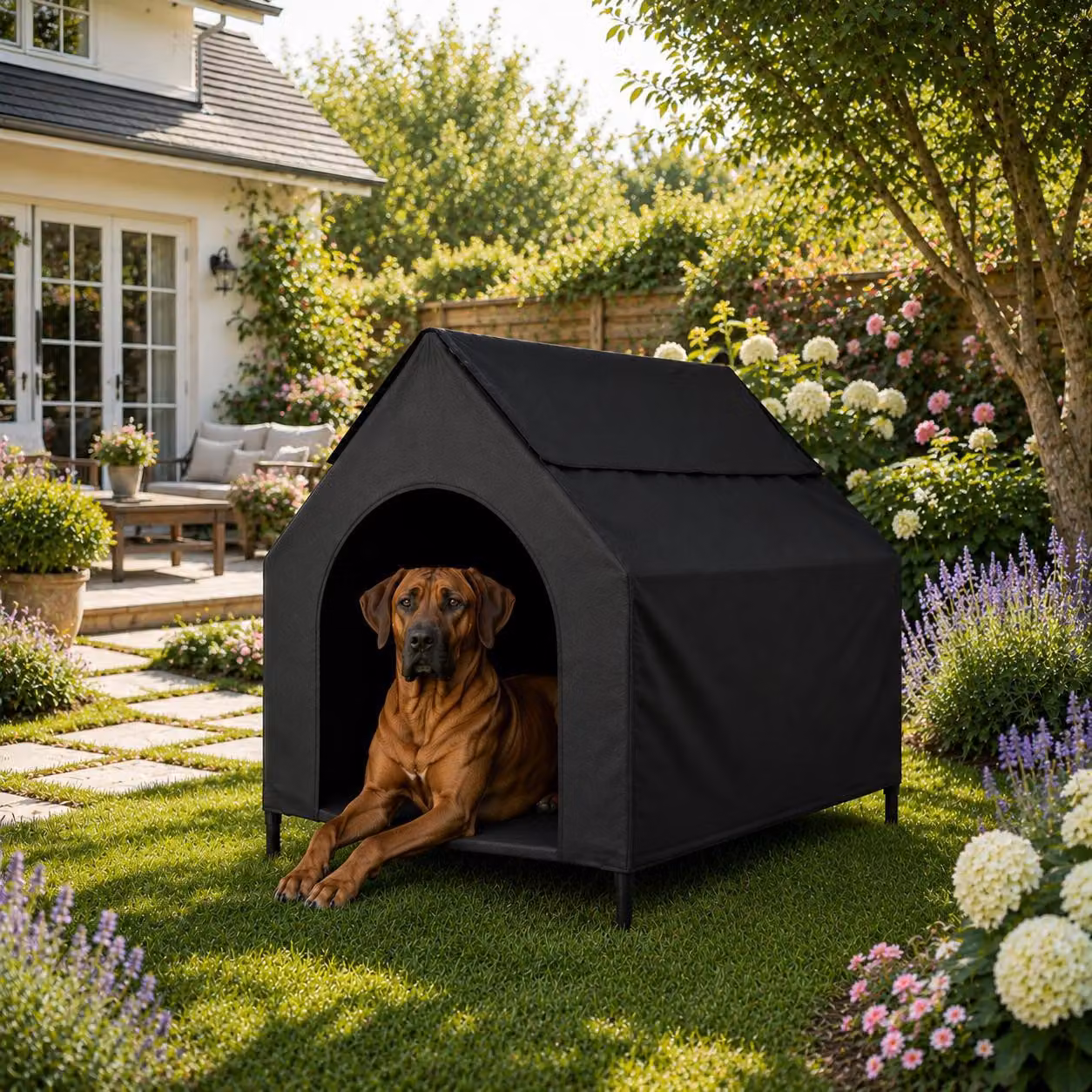 Cuccia per cani Belviona con tetto, lettino rialzato per cani, ideale per giardino, terrazza e balcone, resistente all'acqua e con una portata massima di 80 kg, dimensioni 130x85x113 cm, colore nero