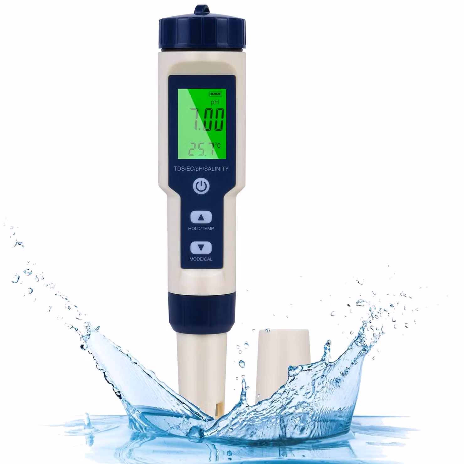 Misuratore di pH, dispositivo 5-in-1 per l'analisi della qualità dell'acqua: pH, TDS, conducibilità elettrica (EC), contenuto di sale e temperatura, display LCD retroilluminato
