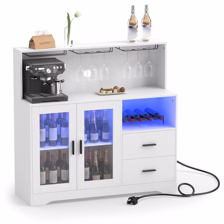 Mobiletto da cucina COSTWAY, credenza con presa di corrente e illuminazione LED, mobiletto contenitore con piano di lavoro, 2 ante scorrevoli e 2 cassetti, dimensioni 120 x 40 x 115,5 cm, colore bianco