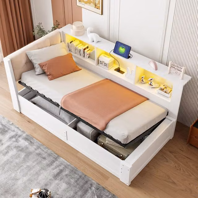 Letto singolo 90x200 cm con cassetti LED dimmerabile USB e mensola laterale; pino e MDF bianco