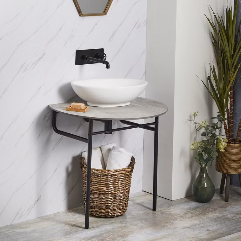 Consolle  Nera con Lavabo Ovale da 520mm e Ripiano Grigio Pietra - Nitido