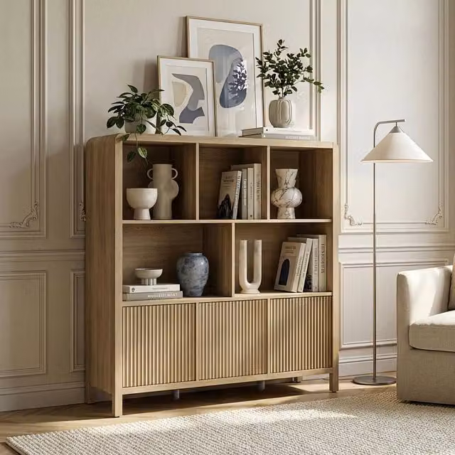 Credenza Bassa Lukkodso en.casa con 3 Ante e Scomparti Aperti, Effetto Rovere Medio Chiaro, L: 102 cm, H: 98 cm, P: 30 cm
