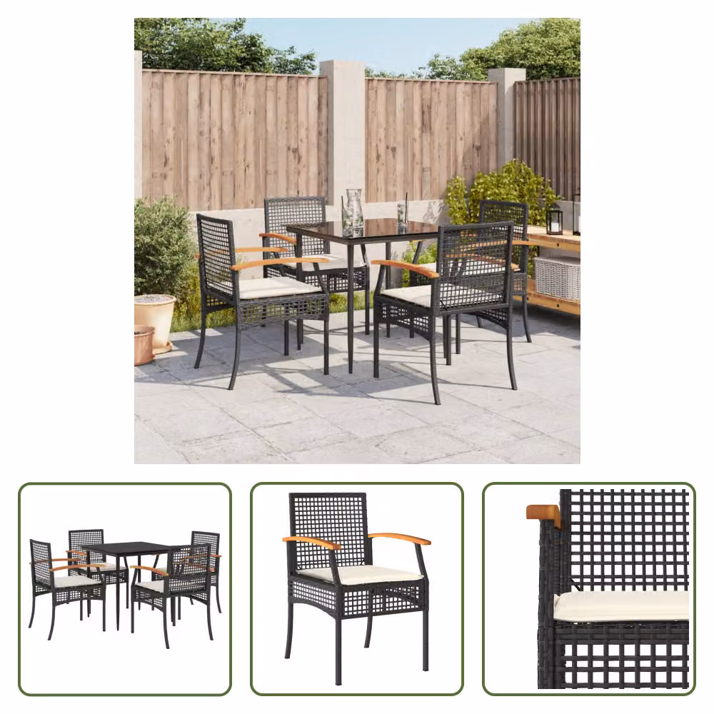 The Living Store Set da pranzo da giardino 5 pezzi con cuscini in poly rattan nero