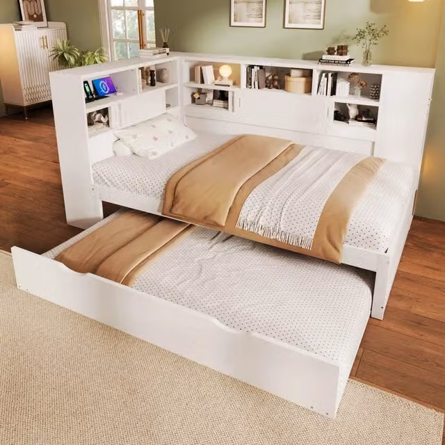 Letto singolo divano moderno bianco con letto estraibile, vani contenitori e ricarica USB, L/P/H: 235 x 90 x 124,5 cm
