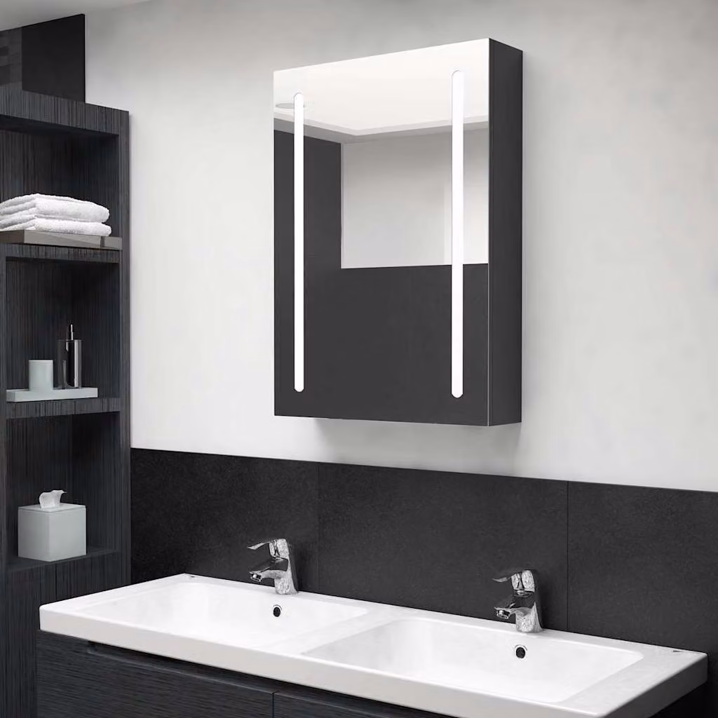 Armadietto da bagno con specchio e illuminazione LED vidaXL Nero Lucido L: 50 cm, P: 13 cm, H: 70 cm