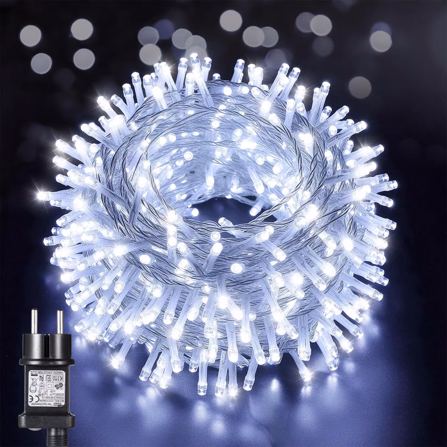 Catena luminosa da 25 metri, con 1000 LED, luce bianca fredda, per interni ed esterni