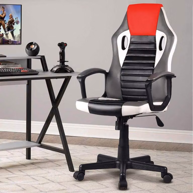 Sedia da gaming in ecopelle, regolabile in altezza, girevole, di colore rosso