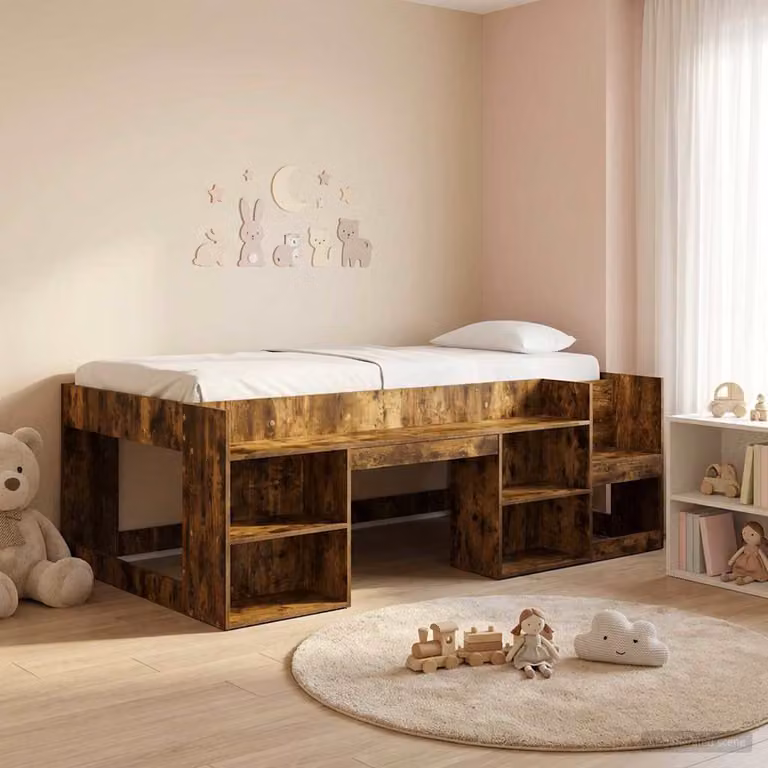 Letto singolo rialzato per bambini vidaXL con ripostiglio e scale, colore marrone, L: 193,5 cm, P: 120,0 cm, H: 103,5 cm