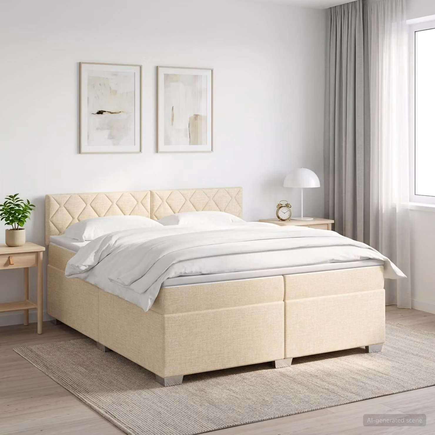 Letto box spring vidaXL con materasso ibrido in tessuto beige e bianco, L/P: 200 x 200 cm